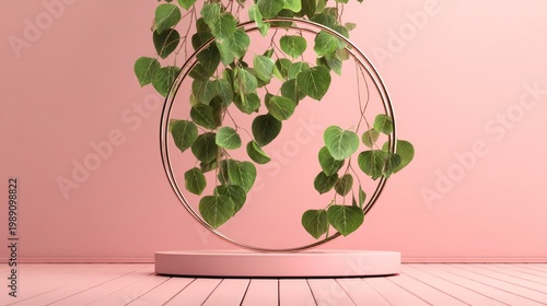 Minimalist composition of green leaves and golden ring on a pink stage