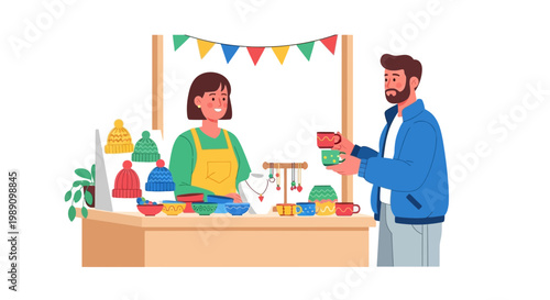 Smiling customer buying unique handmade gifts from a friendly small business owner at a vibrant local craft market stall, featuring a diverse collection of artisanal products and festive decorations