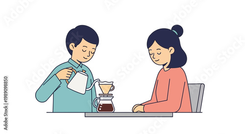 Young couple or friends enjoying a serene pour-over coffee brewing moment, illustrating a peaceful morning ritual and shared passion for handcrafted beverages