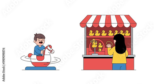 Amusement park entertainment featuring classic carnival games; a child on a rocking horse and an adult playing a duck fishing game, illustrating fun and leisure activities