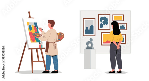 Artistic creation and appreciation people engaged in painting and viewing art in a gallery setting