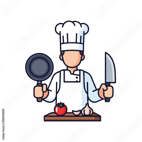 Chef holding a frying pan and a knife with ingredients.