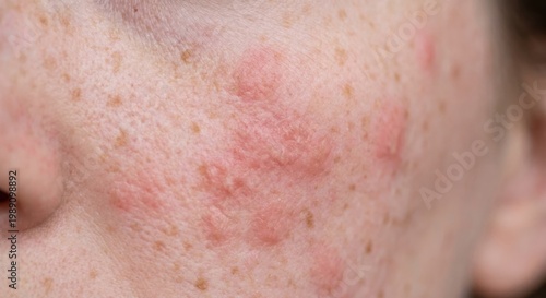 Allergic hives flare-up on freckled skin close-up