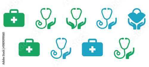 Flat medical icons including first aid kit, stethoscope, ambulance, and healthcare support symbol, modern healthcare icon pack representing diagnosis