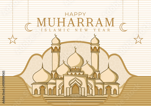 Elegant handdrawn Islamic Mosque Illustration muharram happy islamic new year background