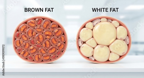 Brown fat versus white fat cells medical 3D visualization