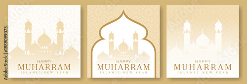 Mosque with Islamic ornaments template. Design concept of ramadan kareem, iftar, isra miraj, eid al fitri, eid al adha, muharram, copy space text, illustration