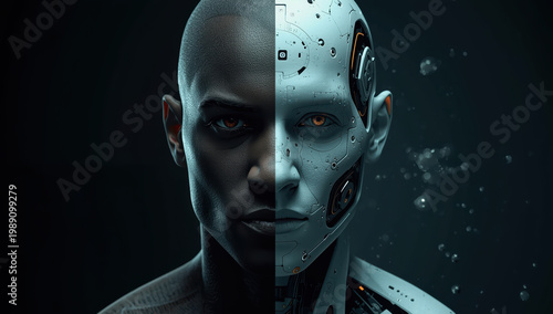 Human and android split face portrait blending emotion and futuristic cybernetic detail