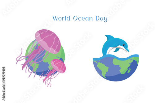 Jellyfish Floating Ocean World Ocean Day. World Ocean day Concept Icon. Vector Icon graphic illustration