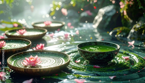 Tranquil pond scene with floating lotus flowers and matcha