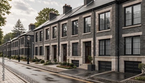 A row of modern townhouses on a quiet street with cloudy skies