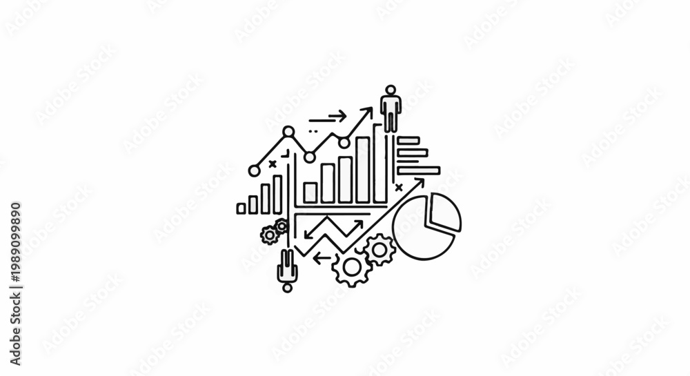 Fototapeta premium Abstract graphic of business growth with charts, gears, and stick figures