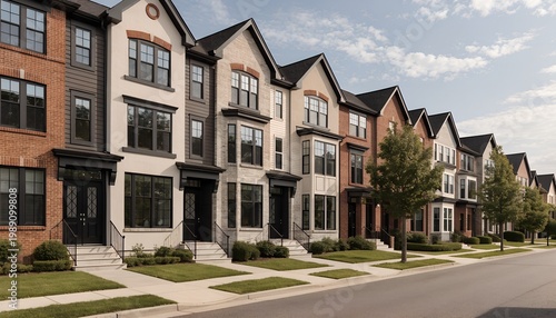 A row of modern townhouses with varied exterior designs and colors on a quiet suburban street