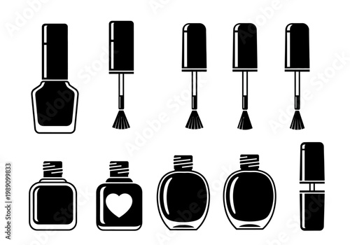 Set of Nail Polish Silhouette Icons and Brushes for Manicure, Beauty Salon, and Cosmetic Branding - Vector Flat Design