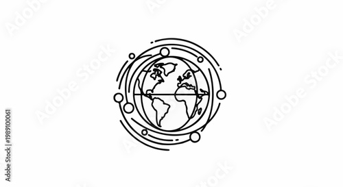 Abstract line art of a globe with orbiting circles and dots