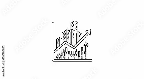 Abstract line art of city buildings rising on an upward trending graph