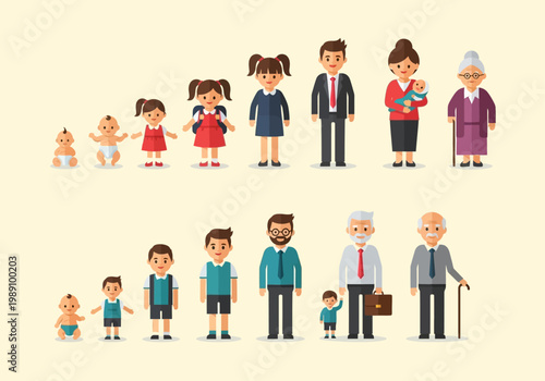 Human Life Cycle Stages Vector: Male and Female Aging Process from Infancy to Seniority