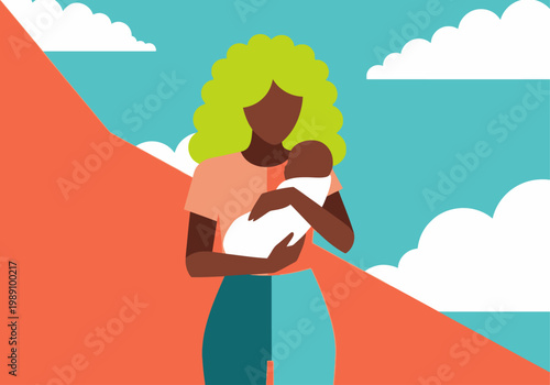 Minimalist Vector Illustration of an African American Mother Cuddling her Newborn Infant Outdoors with Sky and Clouds Background