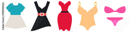 Collection of women clothing items including casual dresses elegant outfits bodysuit bra and panties. Modern flat vector for fashion apparel or ecommerce design.