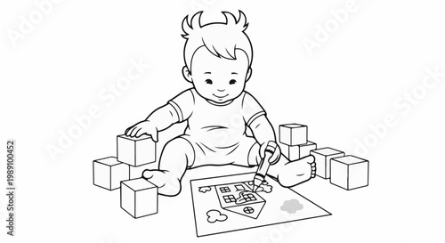 Adorable baby sits surrounded by blocks, drawing a house with a crayon