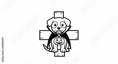 Adorable vampire dog with pumpkin on a cross for Halloween