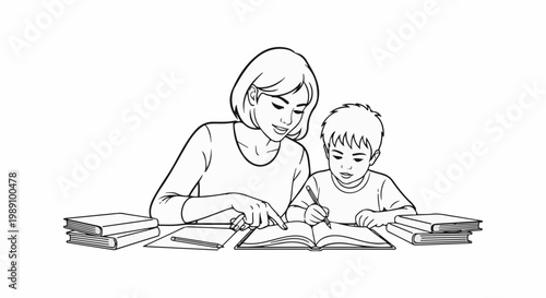 Adult helps child with schoolwork at a table with books