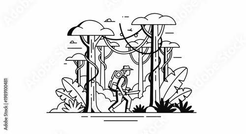 Adventurer trekking through a dense, stylized jungle with backpack and machete