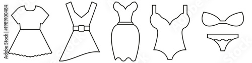 Set of women clothing outline icons including dresses bodysuit bra and panties. Minimal line style vector with editable live contours. Perfect for fashion apps ecommerce or UI design.