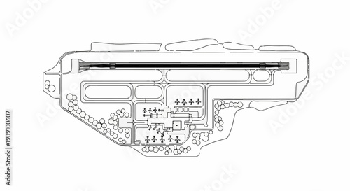 Aerial schematic of an airport with a runway, terminals, and surrounding greenery