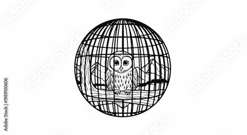 An owl sits on a branch inside a black round cage with a mountain landscape