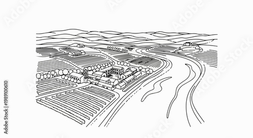 Aerial view of a monastic complex with vineyards and river