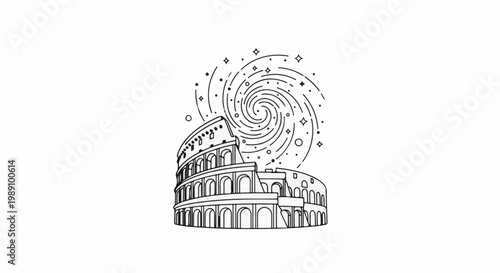 Ancient arena merges with cosmic vortex and starry sky