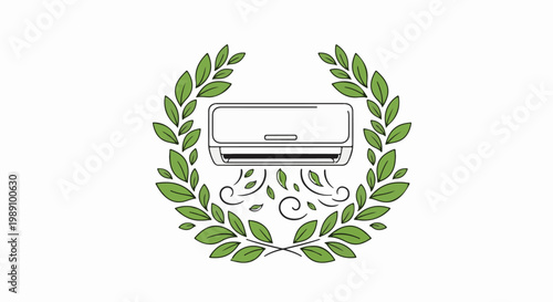 Air conditioner with green leaves emblem, representing eco-friendly cooling