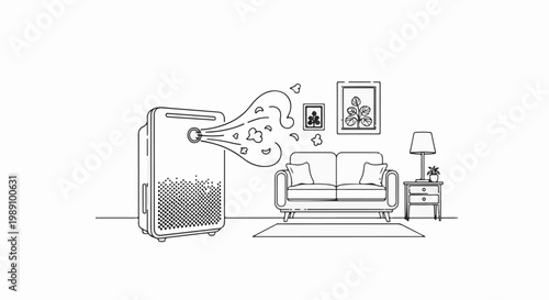Air purifier in a living room, emitting filtered air towards a couch