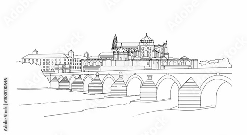 Ancient arched bridge spans river, leading to a large, ornate historical structure