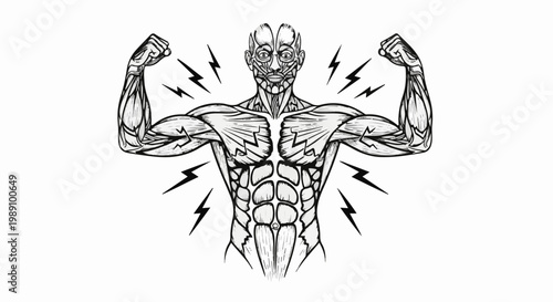 Anatomical illustration of a person flexing their muscular arms and torso with lightning bolts