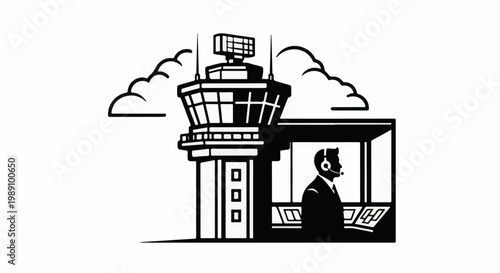 Air traffic controller in tower, overseeing operations with a headset