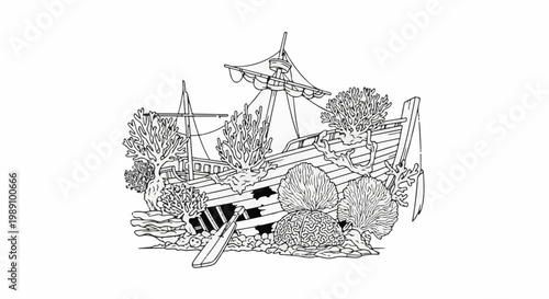 Ancient shipwreck resting on seabed, adorned with vibrant coral formations and oceanic life