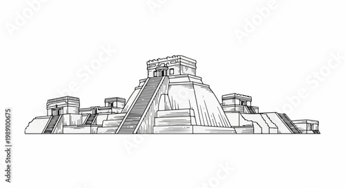 Ancient stone stepped pyramid complex with surrounding smaller structures