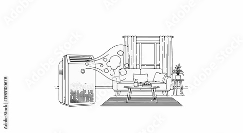 Air purifier in a living room with a sofa, window, and coffee table