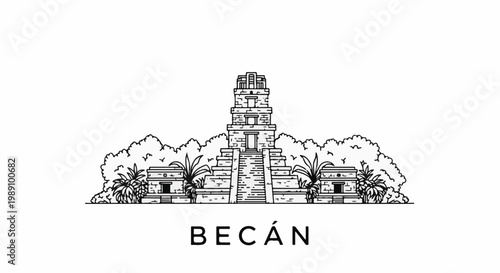 Ancient stone pyramid structure with trees and plants, text below