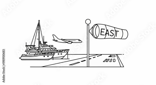 Airplane flies over a boat and windsock indicating east on a runway