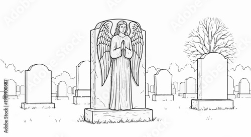 Angel gravestone stands guard among a field of tombstones and a bare tree