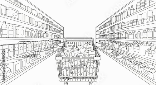Aisles of a grocery store filled with products and a full shopping cart