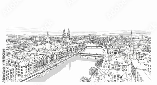 An aerial sketch of a bustling European city with historic architecture and a river