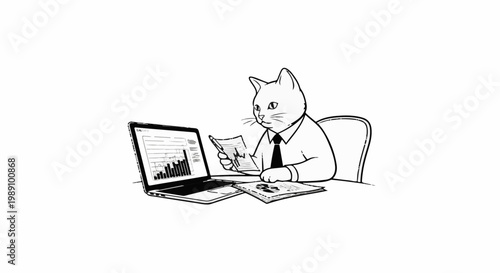 Anthropomorphic cat in a shirt and tie studies graphs on a laptop