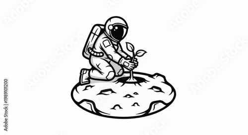 Astronaut planting a sapling on a moon crater