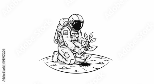 Astronaut plants sapling on barren ground, symbolizing growth