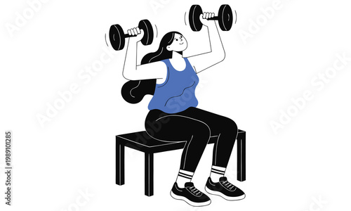 A woman exercising with dumbbells on a bench in a flat vector illustration for fitness concepts