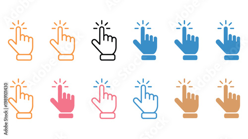 Hand gesture icons for tap, swipe, and touchscreen interaction, clean vector set showing finger gestures for mobile navigation